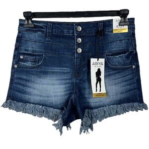 Ariya JRS SZ 9/29 Curvy Jean Shorts High-Rise Frayed Hems Stretch Whiskered Blue